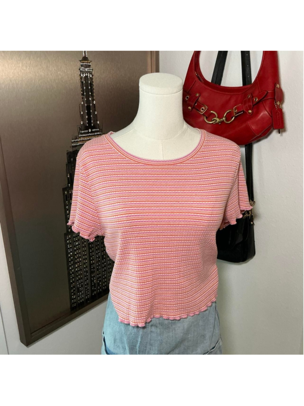 Aeropostale Shrunkentee Pink Orange Striped Ribbed Baby Tee XL Y2K